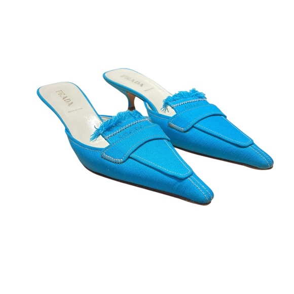 Prada Shoes - PRADA Blue Canvas Kitten Heel Mules Blue Pointed Toe